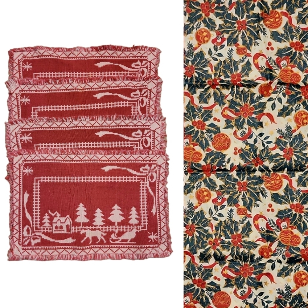 Set of 4 Country Christmas themed Cotton Placemats, Xmas table runner 54x13.5 "